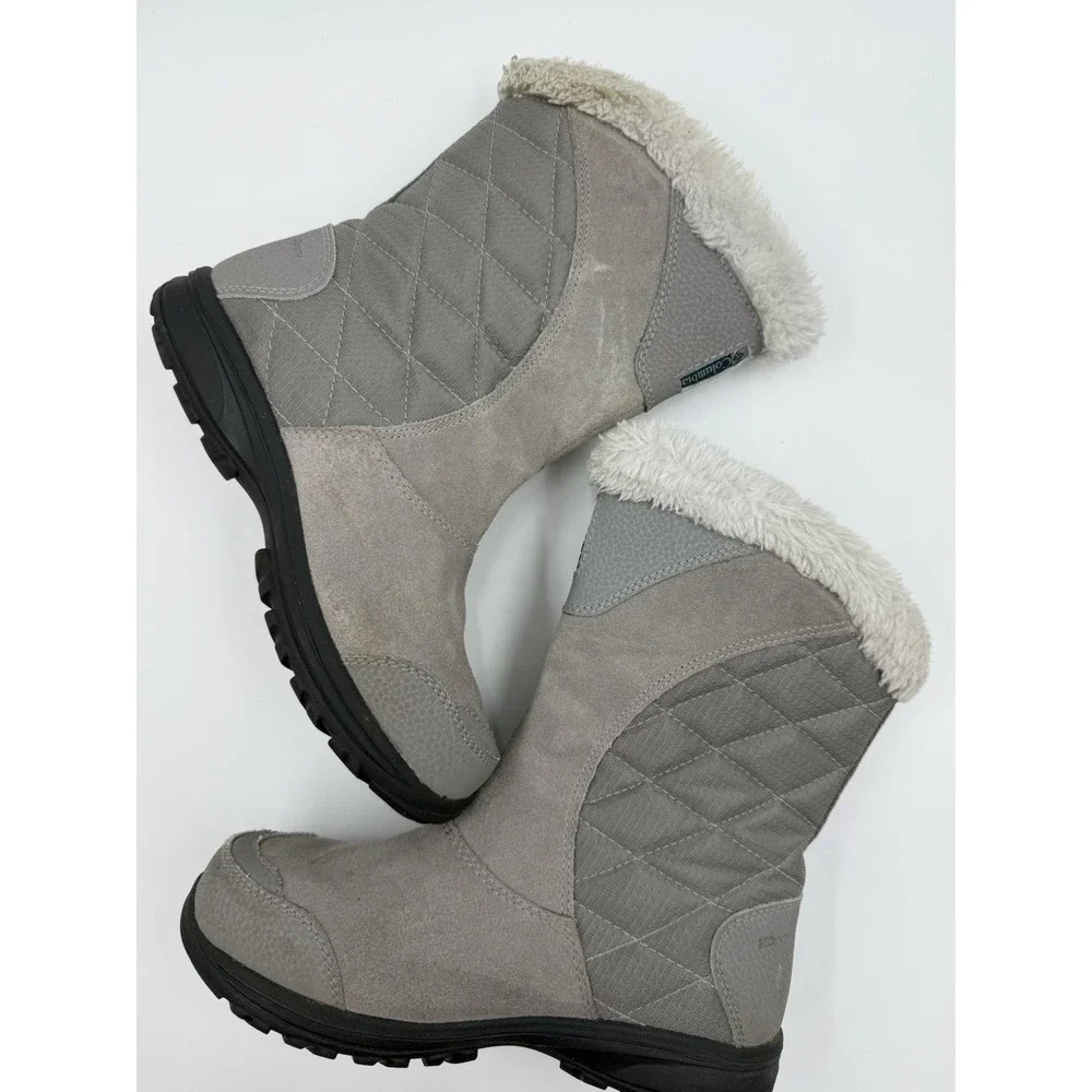 Columbia Ice Maiden II Gray Suede/Fabric Faux Fur Trim‎ Slip-On Snow Boots 5.5